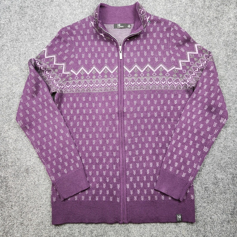 Neve Sweater‎ Womens Medium Purple Merino Wool Blend Fair Isle Full Zip Knit